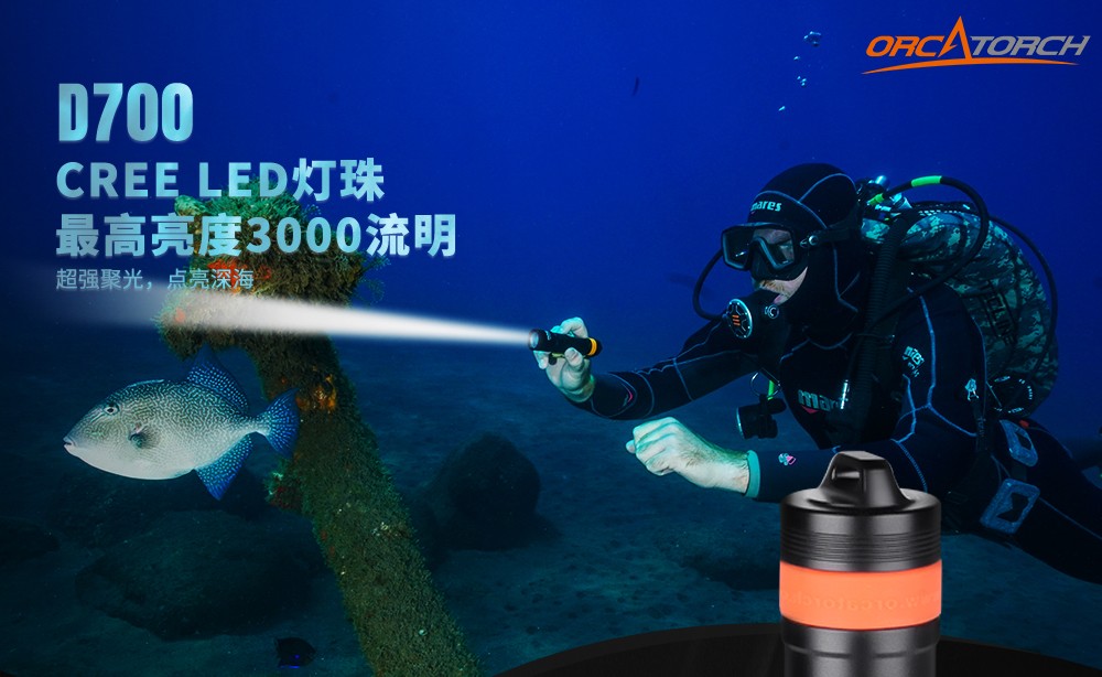 D700潜水手电筒，D700休闲潜水手电筒，D700潜水灯，D700潜水摄影灯，D700手持手电，OrcaTorch虎鲸