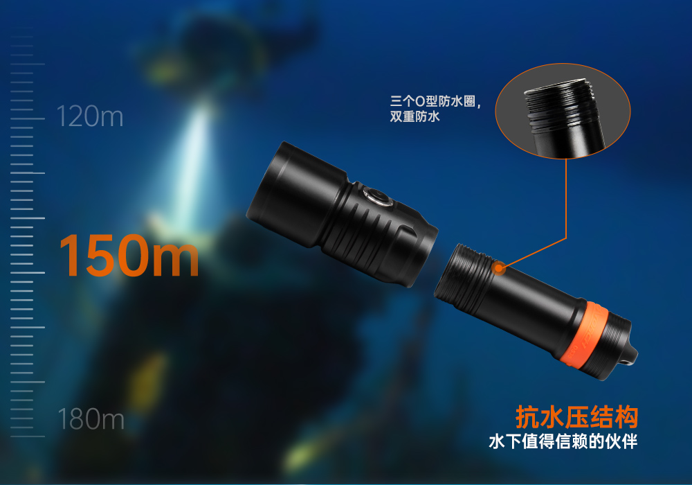 D530聚光潜水手电筒,休闲潜水照明,休闲潜水手电筒,休闲潜水补光灯, 虎鲸OrcaTorch