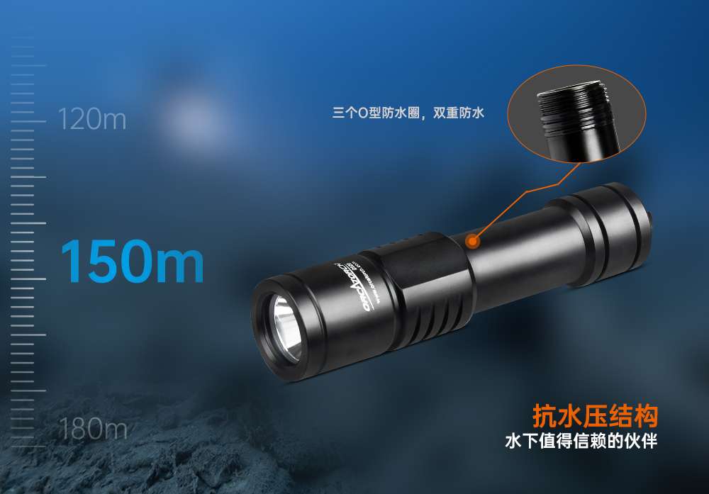 虎鲸OrcaTorch D520迷你潜水手电，小巧手电筒，便捷式潜水手电筒，洞穴潜水灯