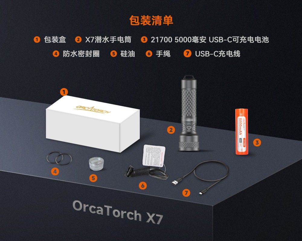 虎鲸OrcaTorch,虎鲸 X7潜水手电筒,2025新款潜水手电筒,水下照明灯,水下搜索灯,沉船照明灯,潜水灯